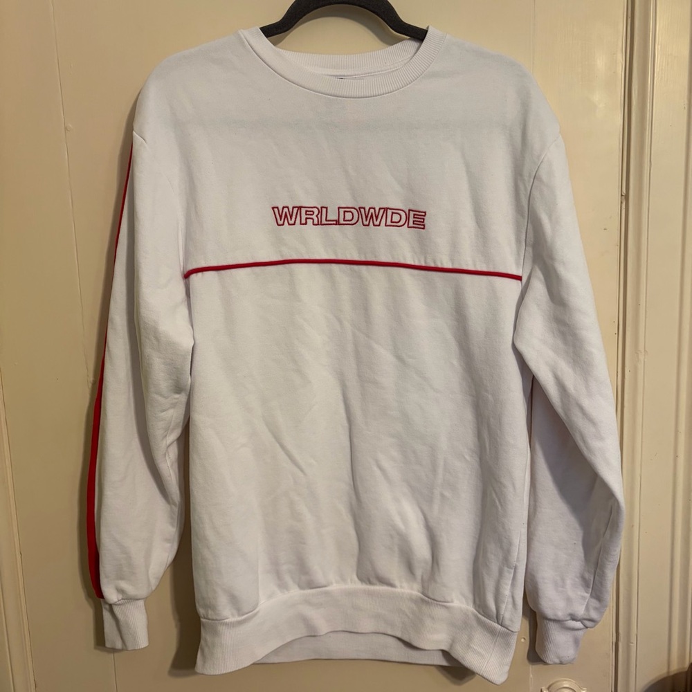 Worldwide Embroidered White Crewneck Sweater with Red Trim